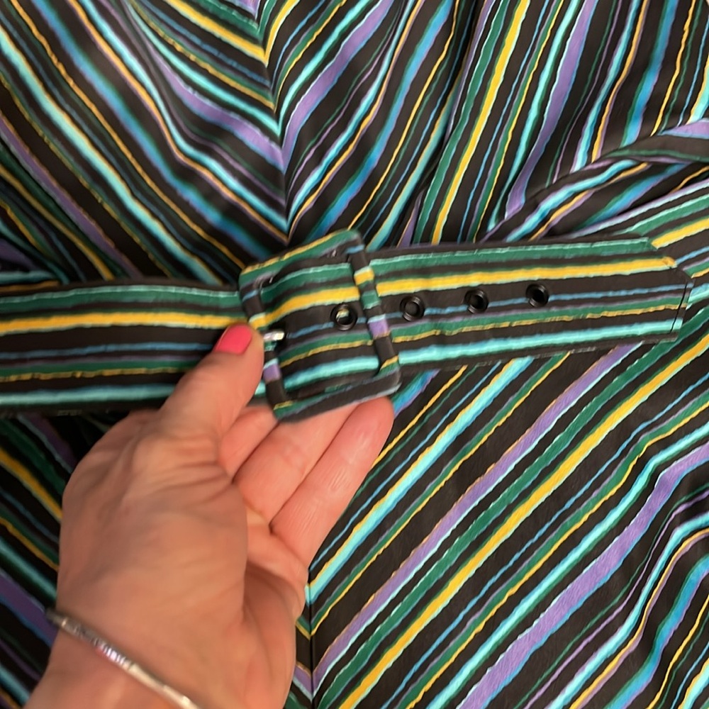 Pinup Couture Black Striped Fit & Flare Dress with Green and Blue Accents - Picture 3 of 12